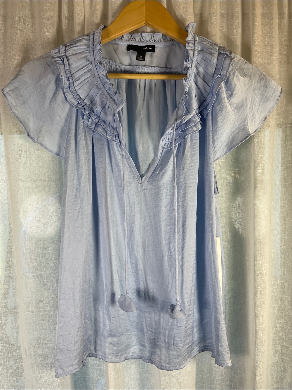 Aqua Pale Blue Ruffle-Trim V-Neck Peasant Top